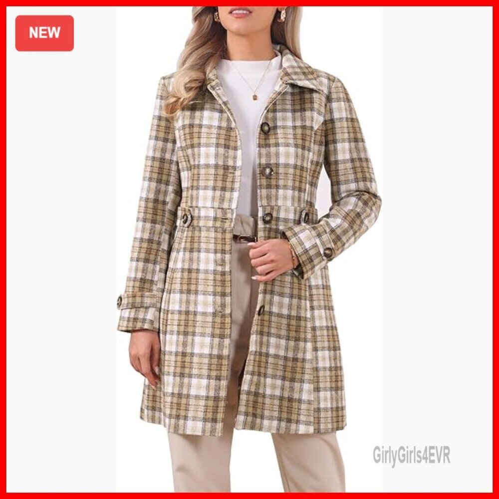 Vintage Plaid Pea Coat Single Breasted Winter Overcoat Trench Outerwear